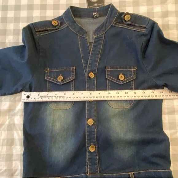 Mida denim mini dress lightweight distressed blue jeans button up closure small - Picture 11 of 16